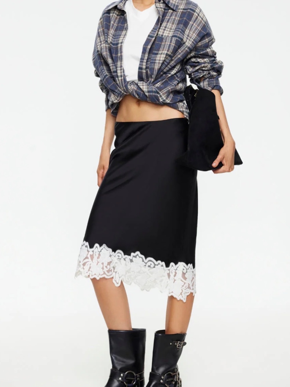 Lioness Black Midi Skirt with White Lace Hem